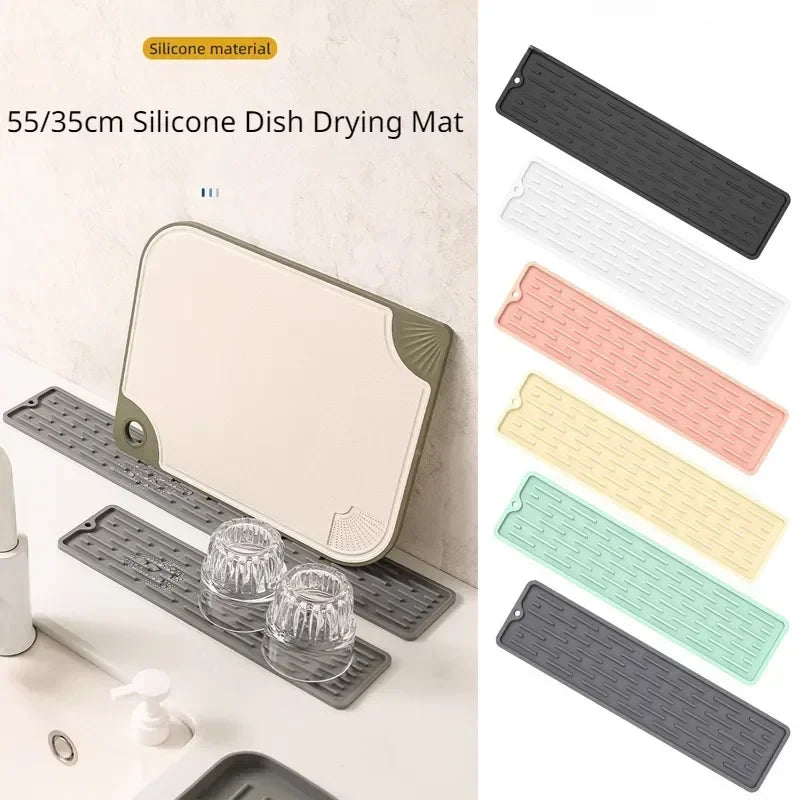 tapis séchage vaisselle silicone moderne gris vert menthe rayures horizontales clips