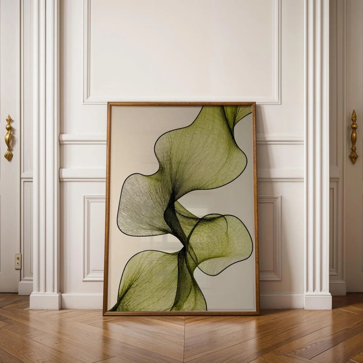 toile d'art contemporaine abstraite feuilles vert olive minimaliste décoration murale intérieure verte chambre salon