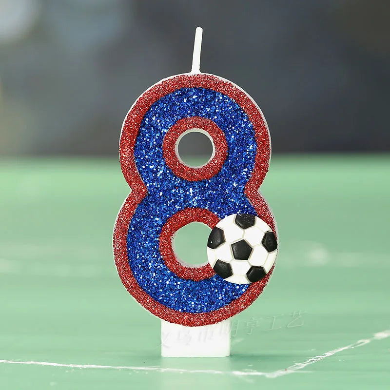 bougies numériques forme chiffres pailletées football bleu rouge blanche décoratives anniversaire sport thème tringle
