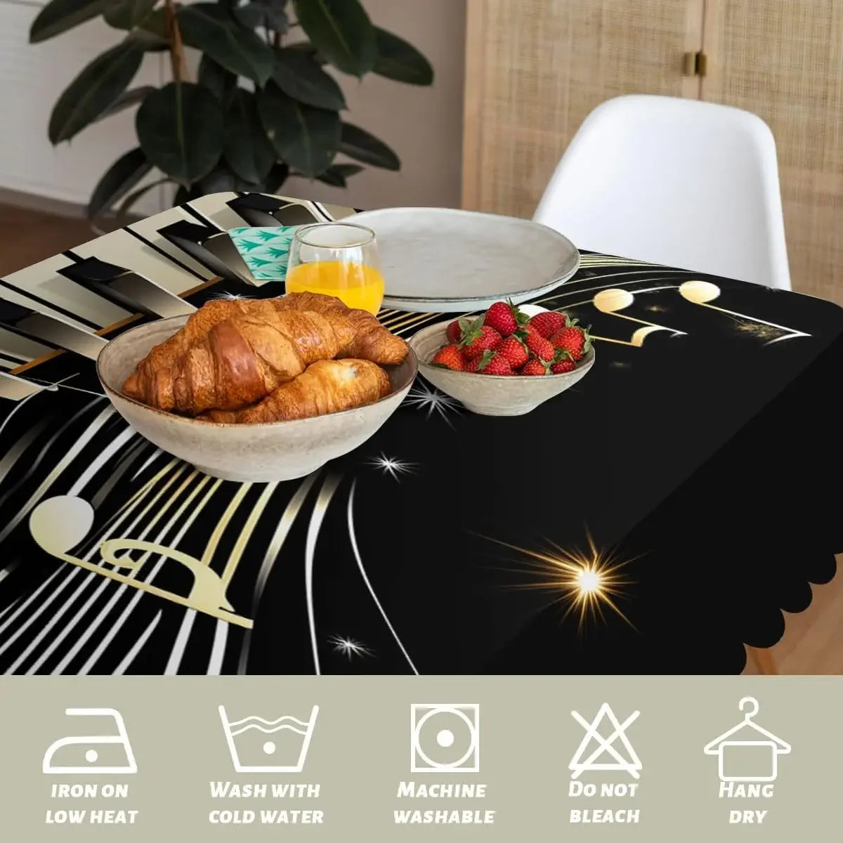 nappe rectangulaire piano noire blanche notes géométrique moderne étoiles scintillantes réutilisable polyester festive