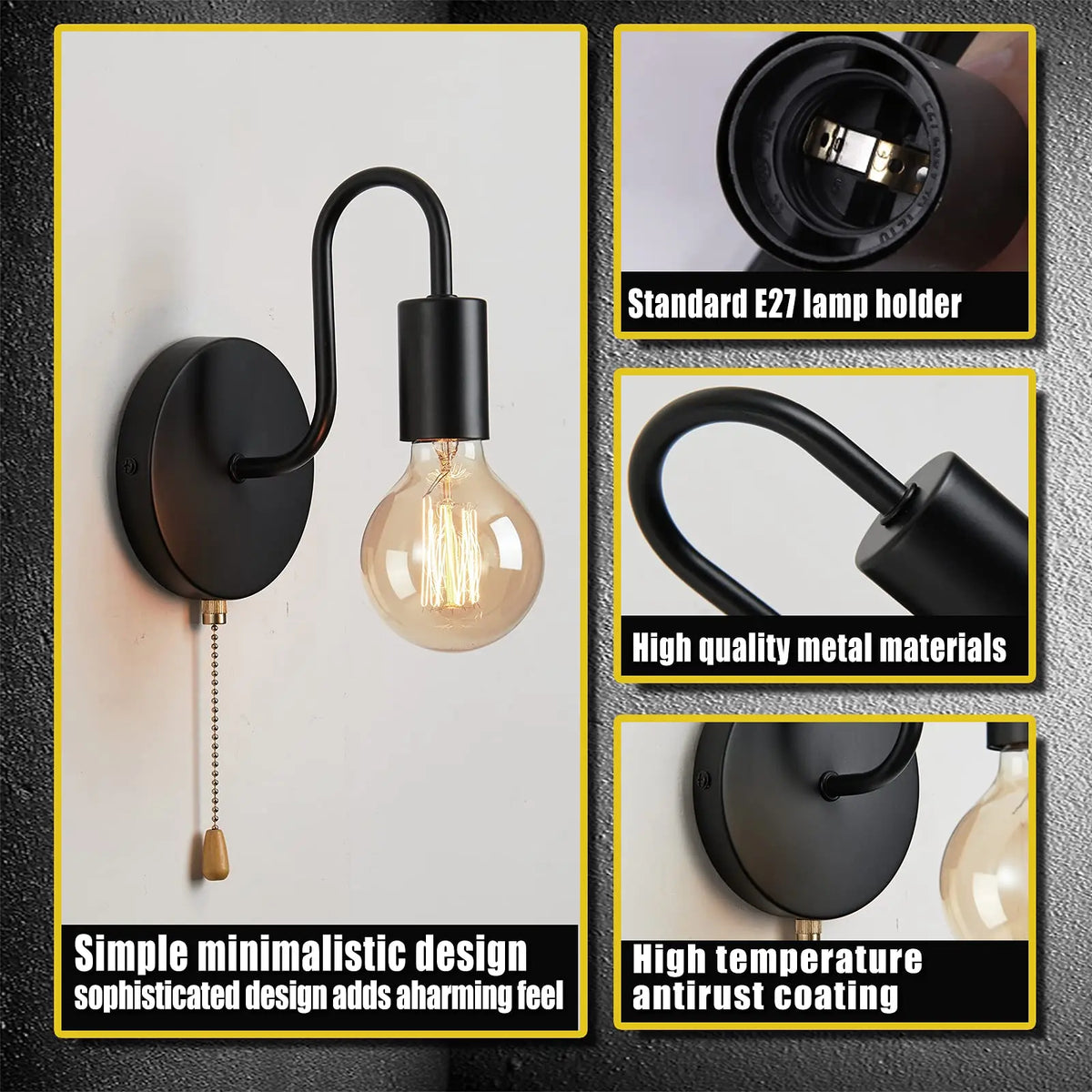 lampe murale filaire éclairage rétro minimaliste ampoule E27 métal noir apparent