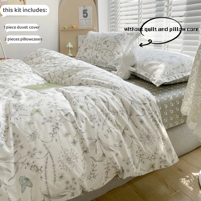 ensemble literie coton fleurs papillons blanc gris vert clair classique romantique doux confortable