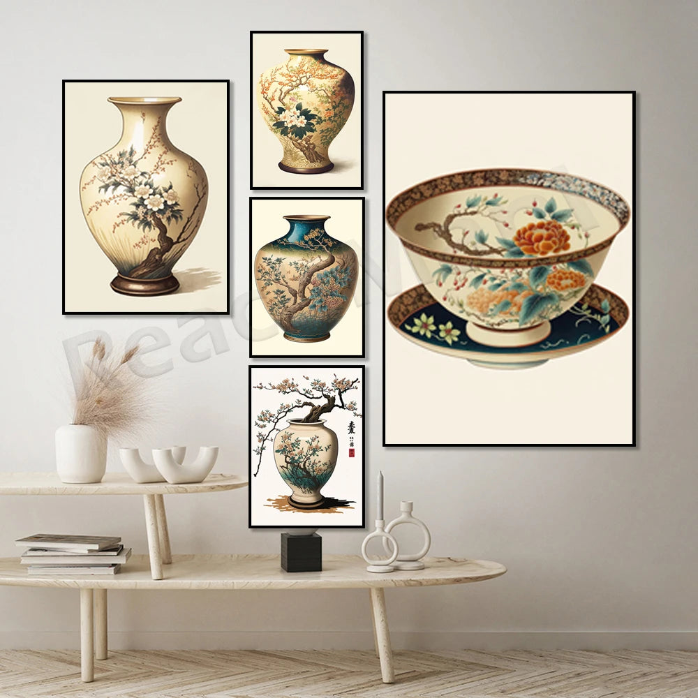 Belles pièces en céramique japonaise décorées de motifs floraux et paysagers.