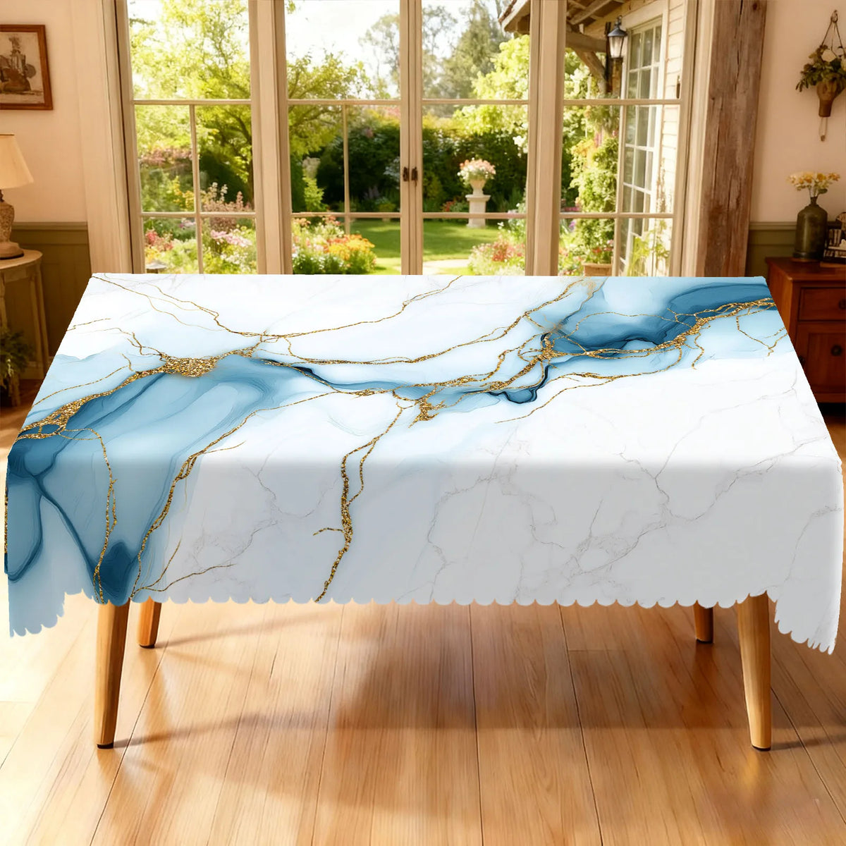 nappe table marbre doré bleu clair moderne élégante imperméable huile extérieure mariage festivité
