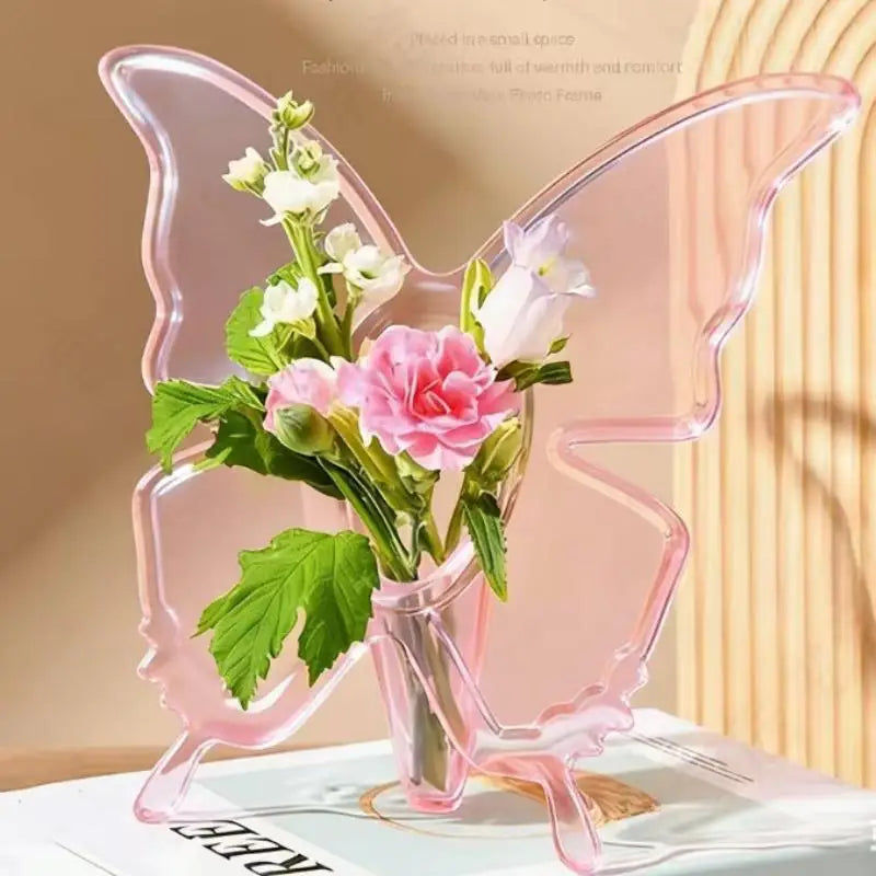 vase fleurs papillon transparent moderne décoration maison étagère rose lisse brillant