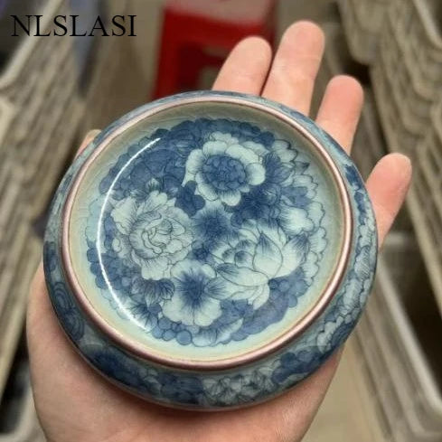 boîte thé bleu blanc rouge peinture chinoise artisanale tasse inclusion montagne fleur