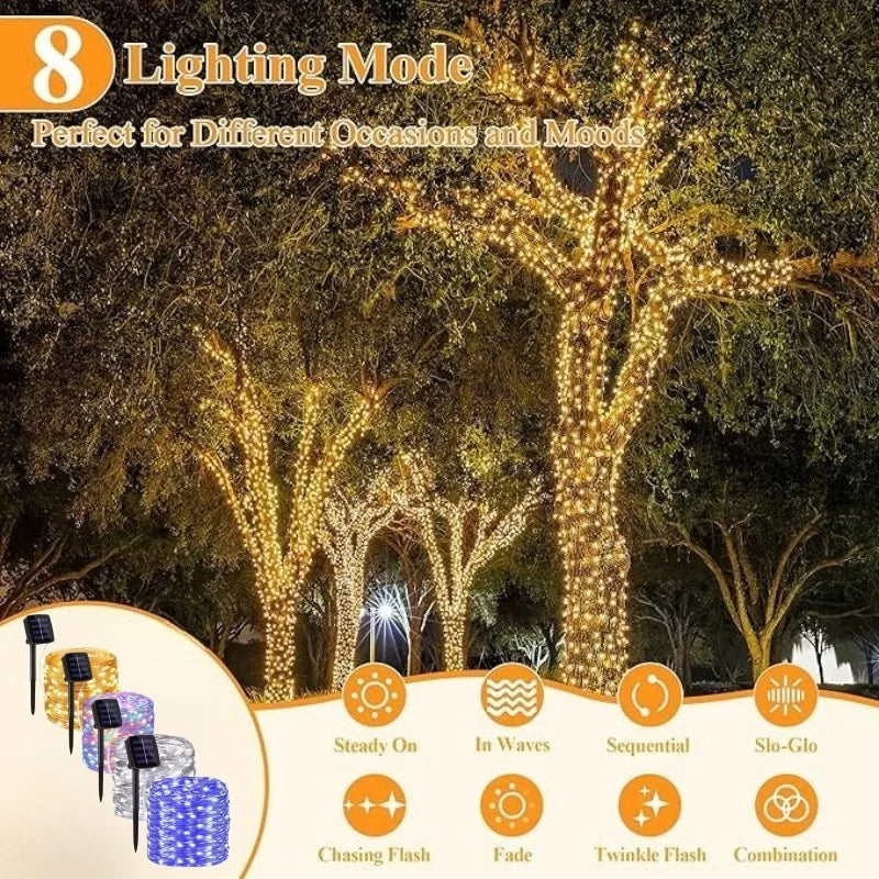 guirlande lumineuse solaire modes 100 led blanc chaud fil cuivre moderne patio jardin