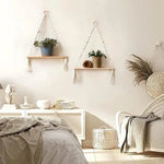 étagère suspendue boho corde tressée bois franges anneaux métal chambre salon bois naturel