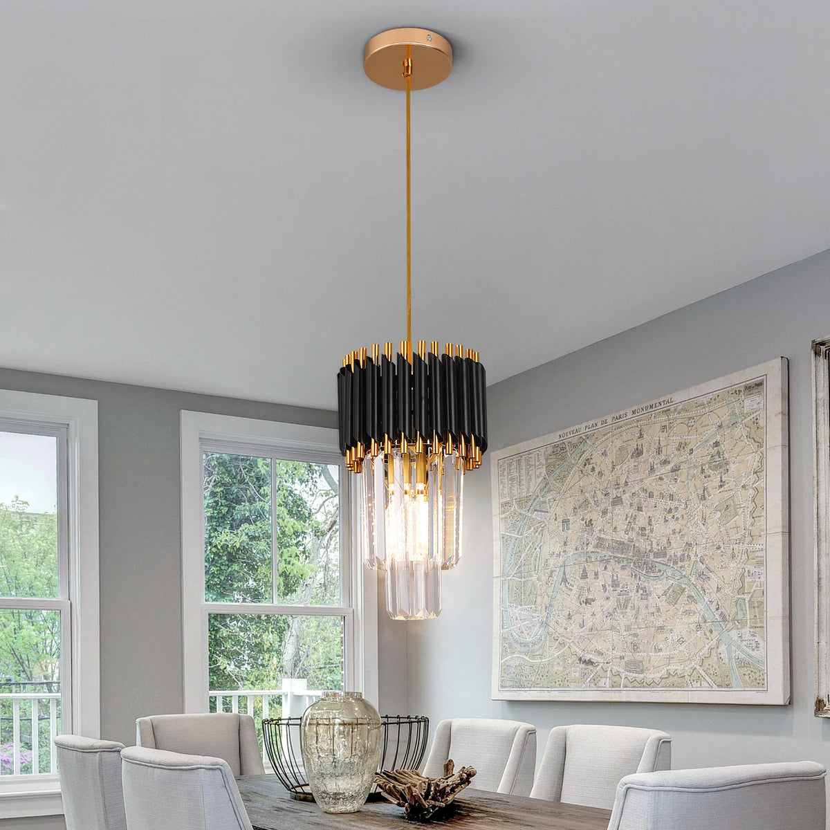 suspension lumineuse moderne noir doré cristal led rayures horizontales tubes transparents éclairage quotidien