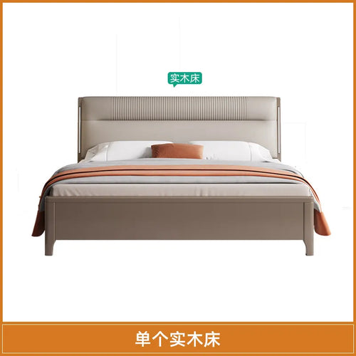 lit moderne bois beige gris orange tissu plissé oreiller couverture draps tapis