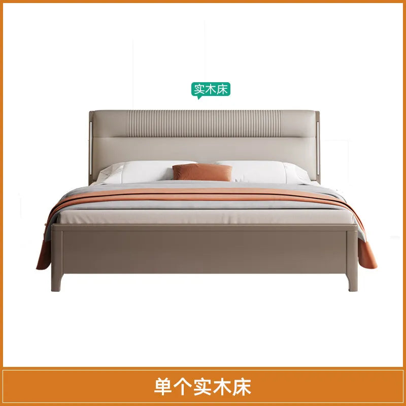 lit moderne bois beige gris orange tissu plissé oreiller couverture draps tapis