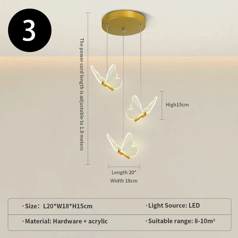 Suspension lumineuse papillon moderne acrylique transparente LED blanc doré chambre salon