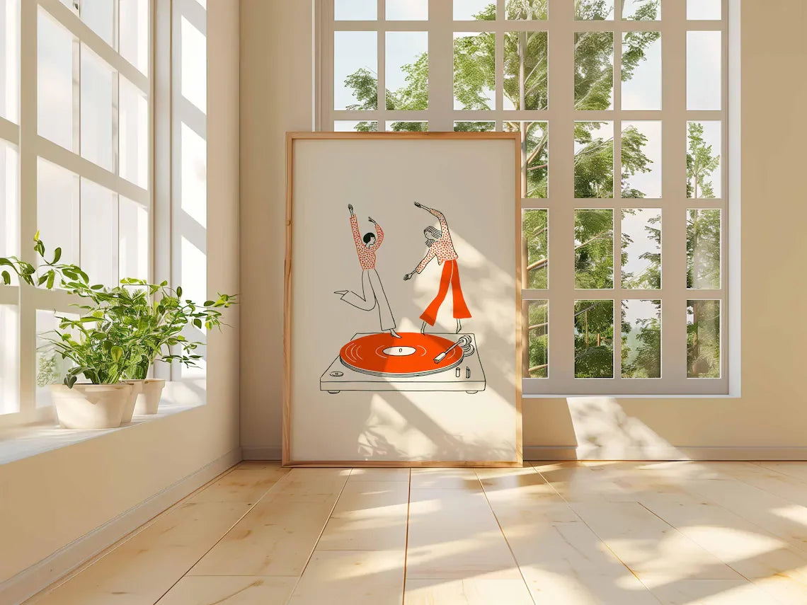 affiche moderne couple danse platine vinyle toile encadrée bois beige orange blanc gris marron