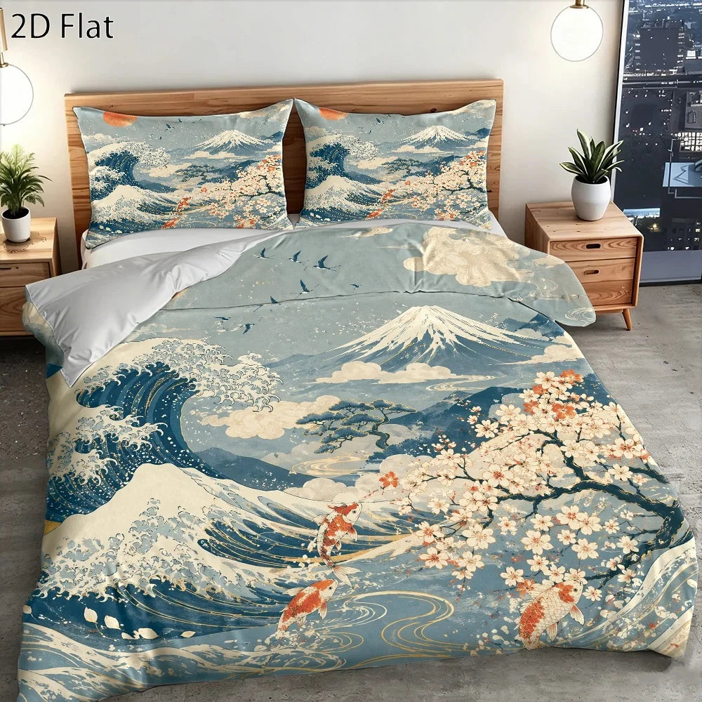housse couette ukiyo vague carpes koï fleurs cerisier taies oreiller lit japonais motifs artistiques