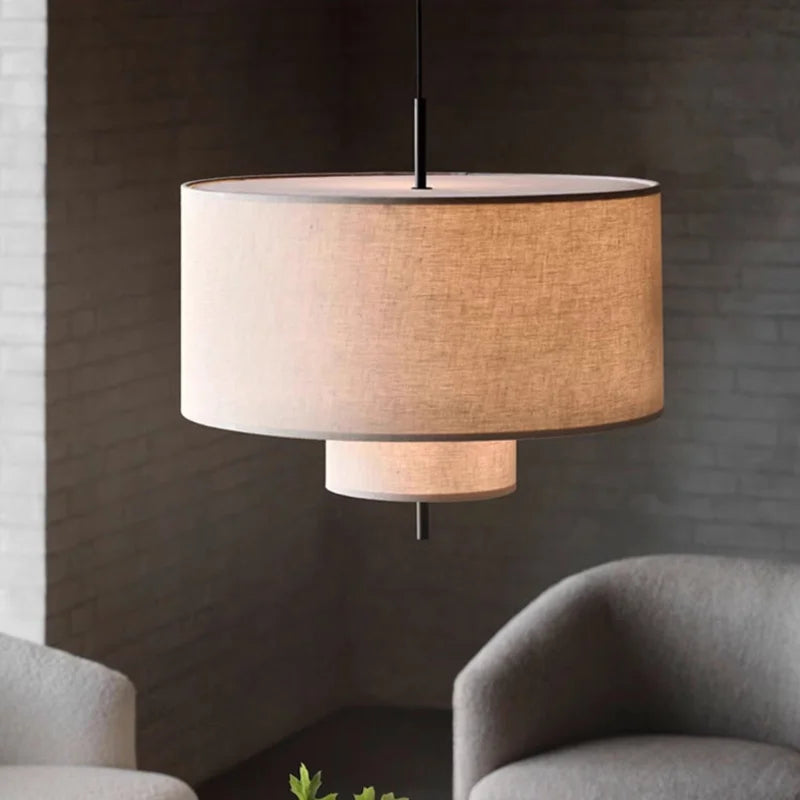 lampe suspendue tissu toile lin beige clair moderne 40cm 50cm 60cm led nature light