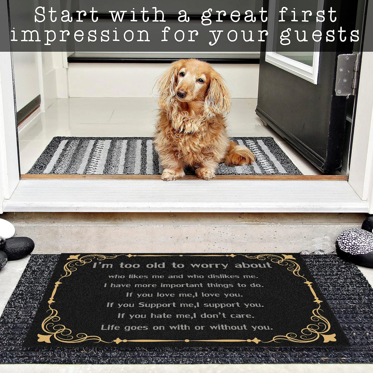 tapis d'entrée antidérapant résistant antibactéries ornementation dorée noir or classique salon porte sol