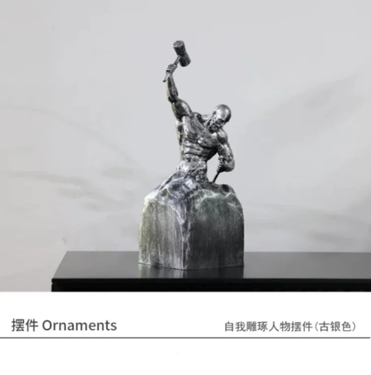 statuette homme musclé marteau résine noire blanche moderne art décoratifintérieur