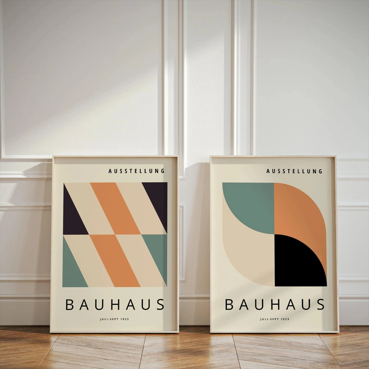 affiche abstraite géométrique moderne minimaliste beige noir orange vert cadre bois chambre salon decoration