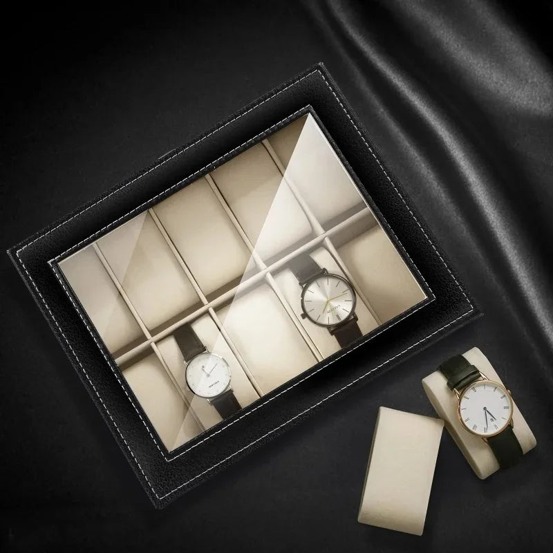 boîte montres cuir noir simili 12 emplacements tissu beige classique cordon serrage présentoir bijoux
