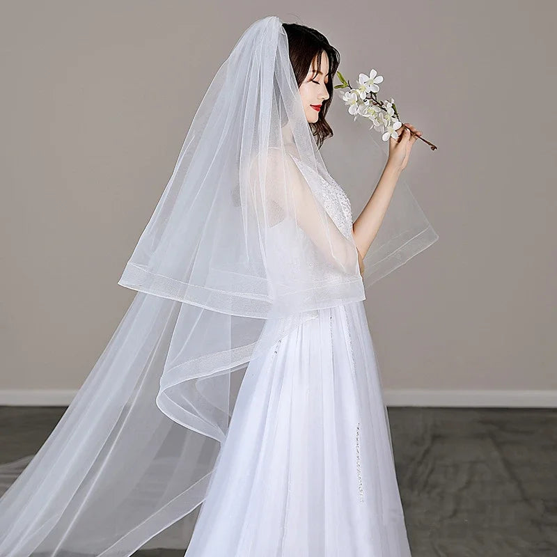 voile mariée deux niveaux blanc transparent classique broderie fine 300cm elegante crin cheval