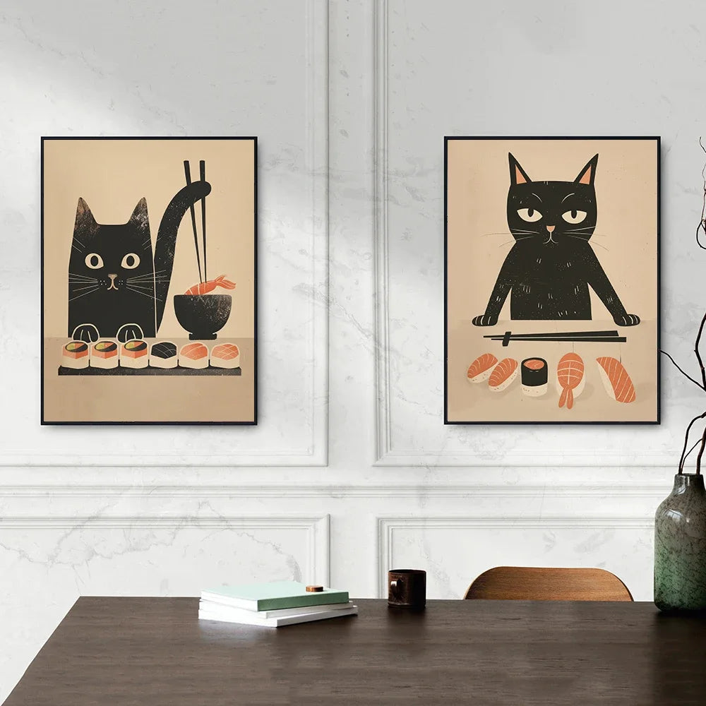 affiche illustration chat noir sushi art japonais fond beige salon décoration maison toile imperméable)frameless