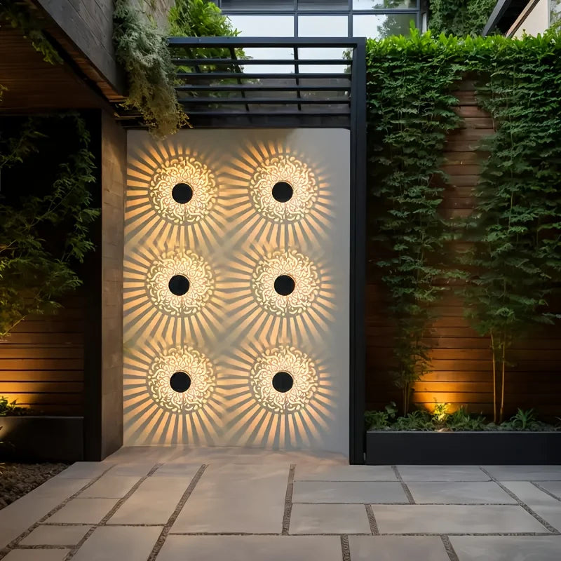 lampe solaire murale moderne ornements floraux adhésif noir doré extérieur décoration jardin patio
