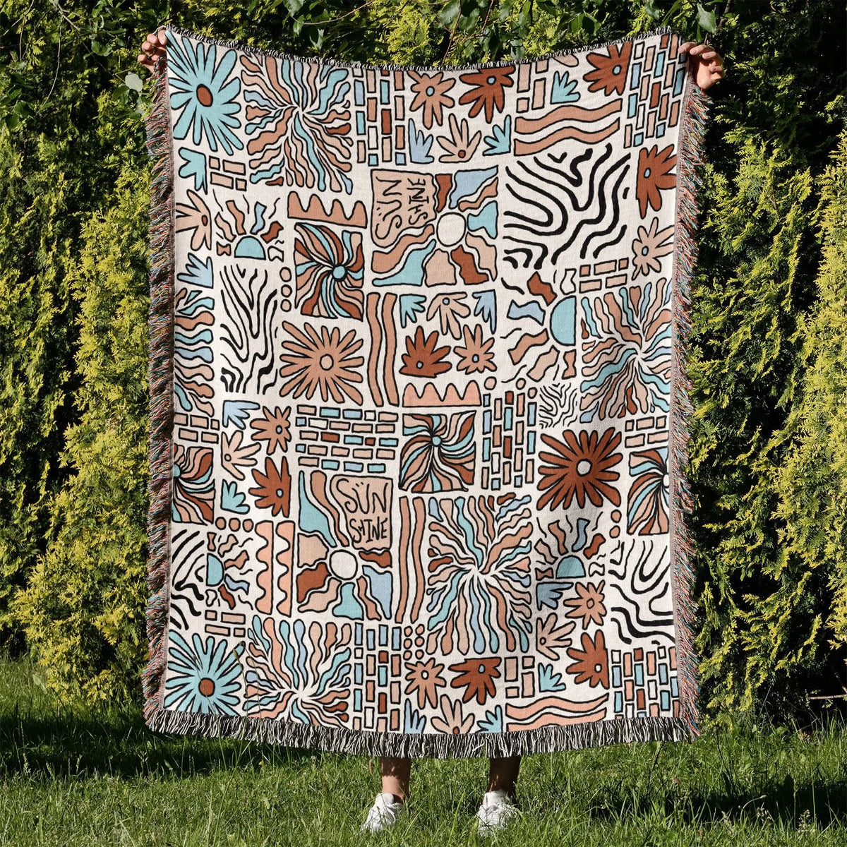tapis boho chic couverture plaid portable géométrique floral aztèque printemps automne jaune marron bleuclair