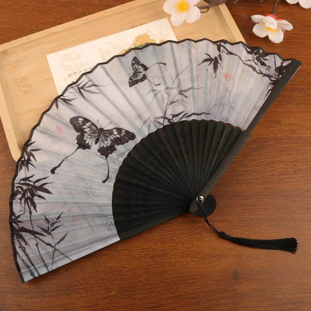 éventail pliant traditionnel papillons bambou fleurs tassel noir blanc gris