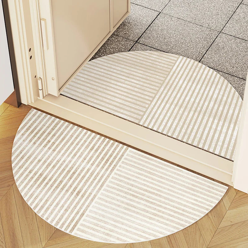 tapis d'entrée demi circulaire beige rayures géométriques moderne antidérapant intérieur extérieur salon salle bain