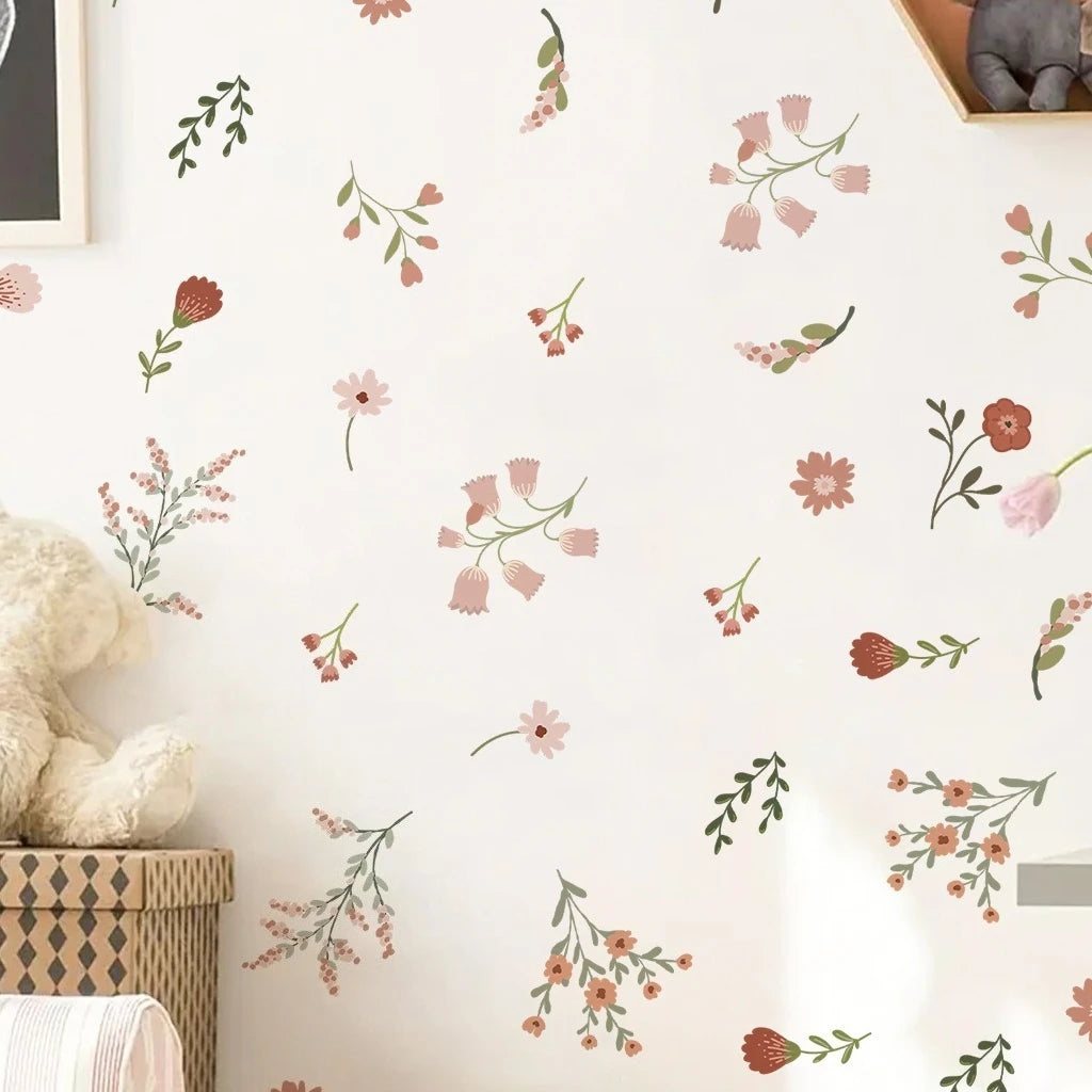 stickers muraux fleurs feuilles blanc rose vert beige adhésif décoratif naturel intérieur enfants salon