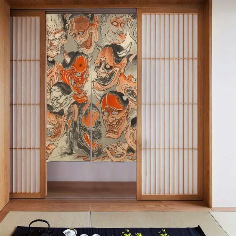rideau orange fantastique démoniaque visages effrayants art traditionnel japonais intimité cuisine salle bain