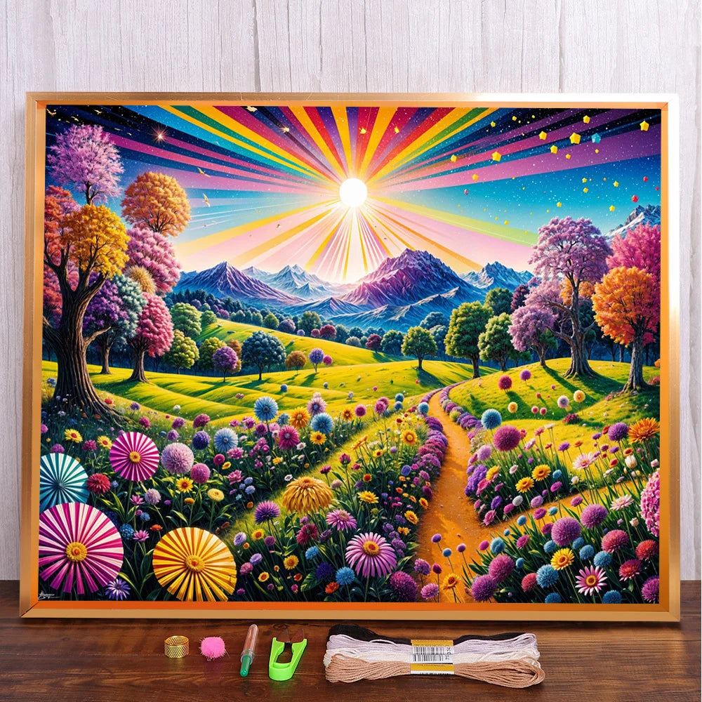 tableau broderie paysage moderne soleil montagnes arbres fleurs fil coton guide mesure