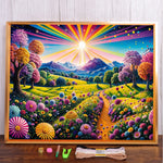 tableau broderie paysage moderne soleil montagnes arbres fleurs fil coton guide mesure