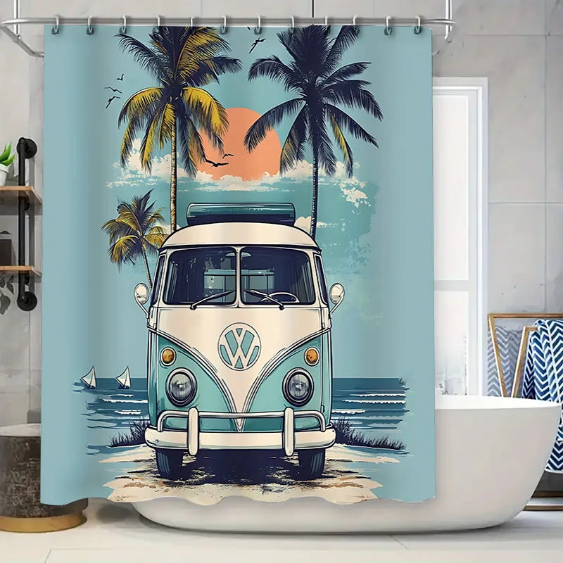 rideau douche vintage vw van palmiers couchersoleil bateau bleuclair toile polyester moderne