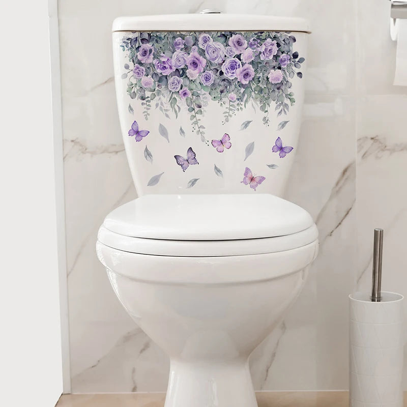 autocollant adhésif mural couvercle toilette floral blanc violet gris fleurs papillons décoration salle bains