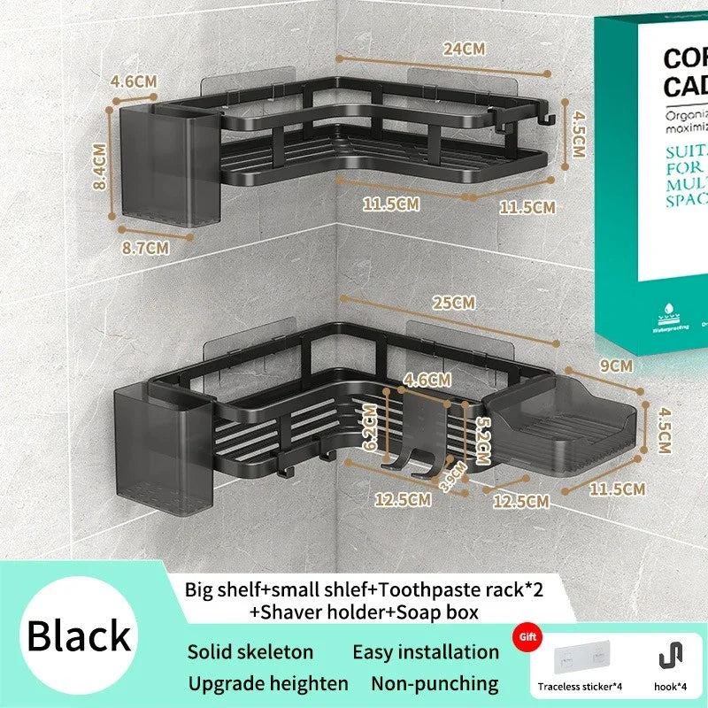 étagère salle bain angle double couche adhésive blanche noire moderne multifonctionnelle rangement muralement fixée