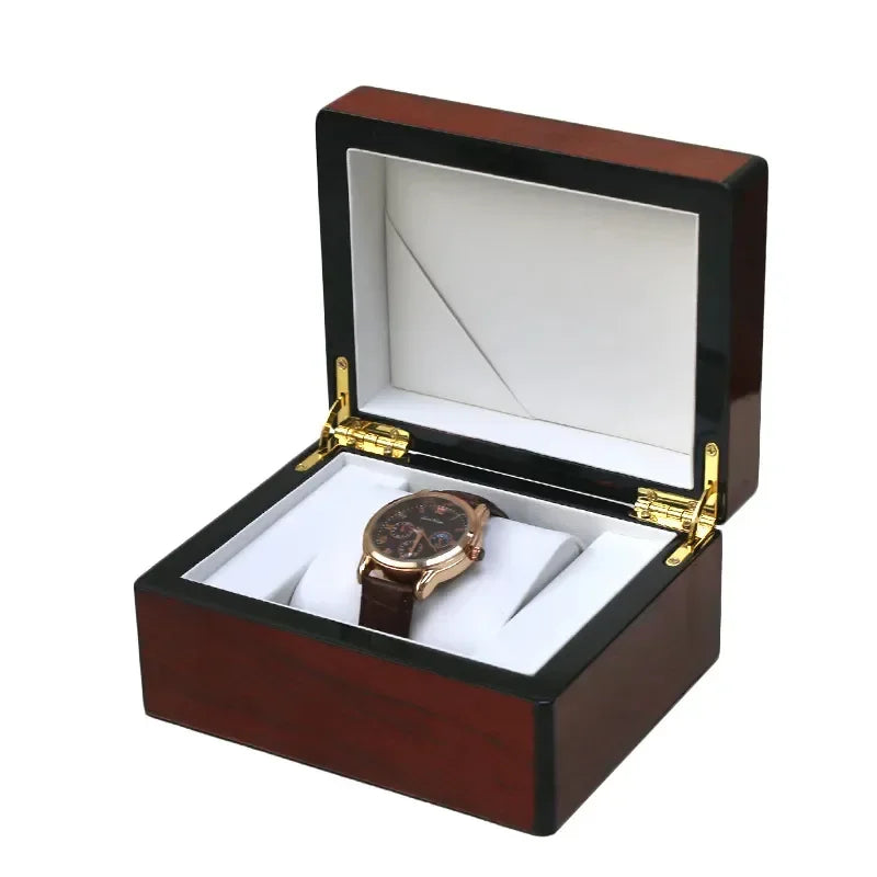 boîte rangement montre bois cadran doré bracelet marron classique présentation bijoux emballage cadeau