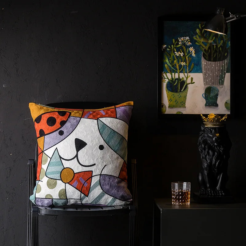 coussin abstrait brodé chats fleurs moderne linge coton bleu orange noir blanc vert marron