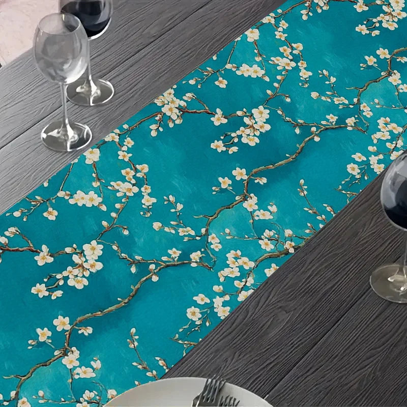drapeau table lin bleu turquoise fleurs blanches moderne floral 30x45cm 90x120cm 150x180cm