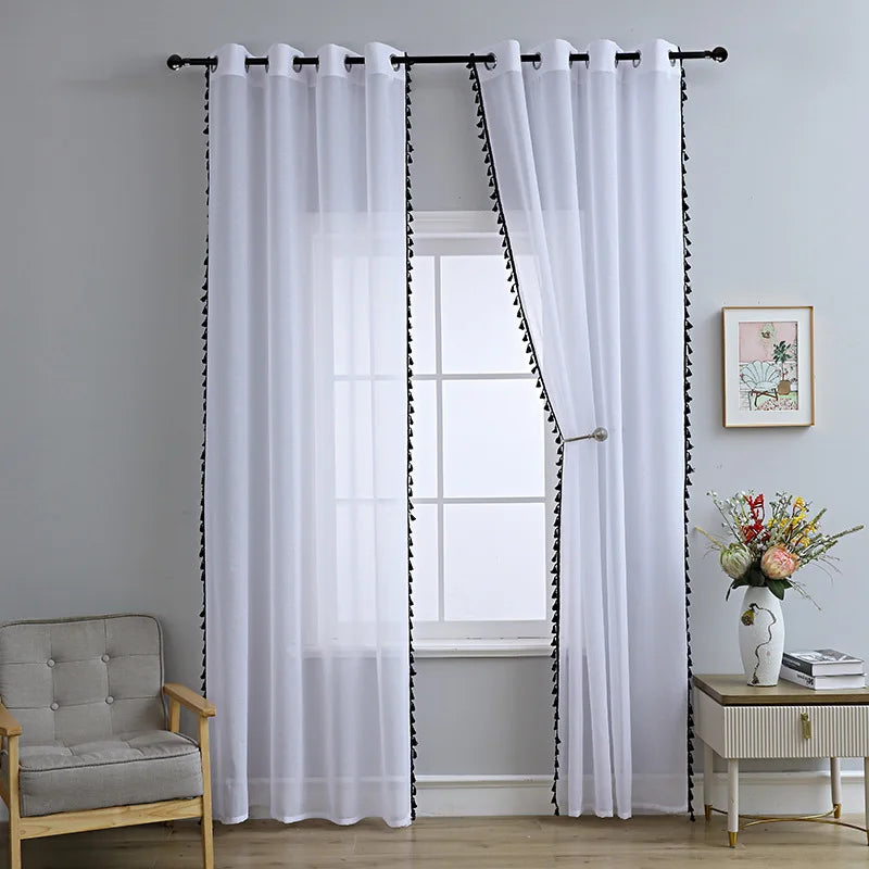 rideaux noir gris blanc bohème moderne pompons bord inférieur tringle translucides polyester chambre salon