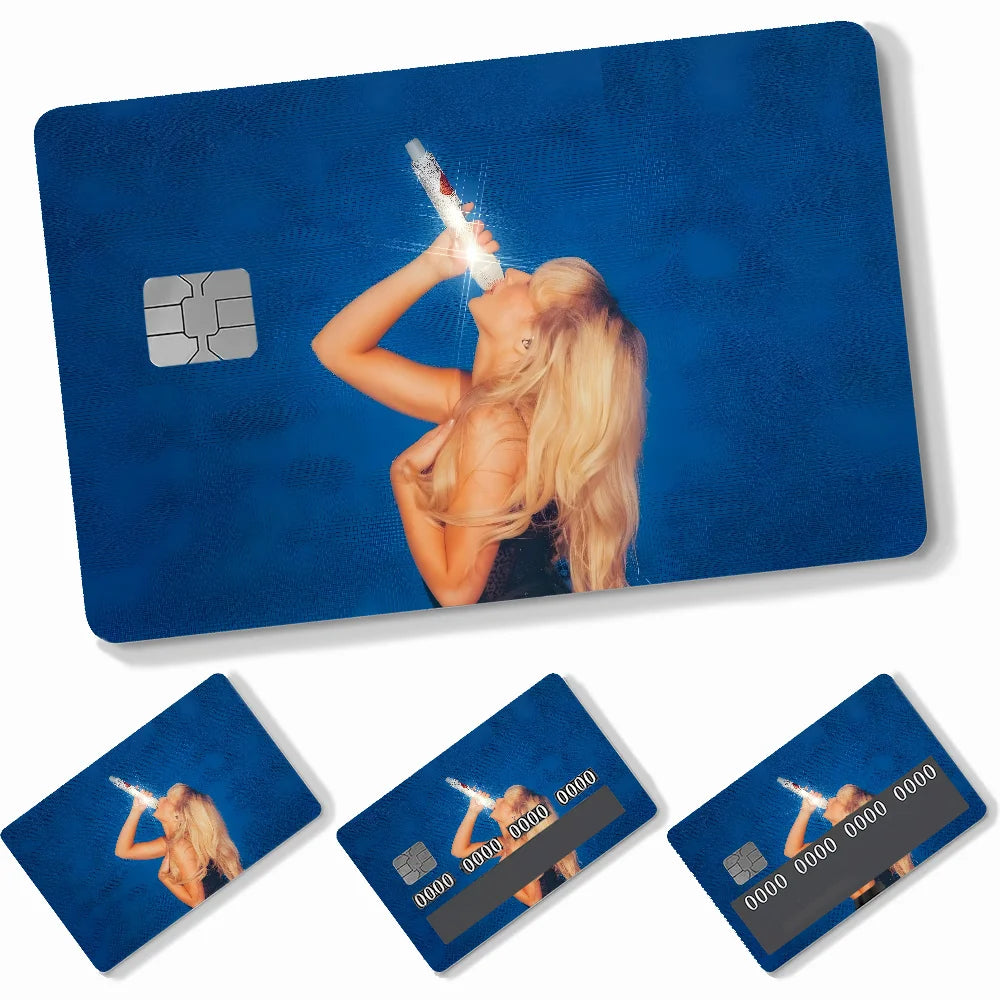 autocollants carte crédit sabrina carpenter adhésifs personnalisables moderne bleu clair noir doré imprimé maillot