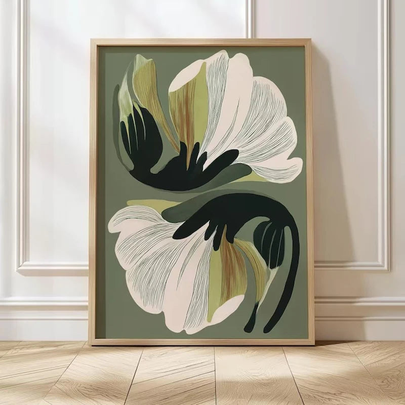 impression toile abstraite floral botanique moderne vert olive beige 30x45cm 40x60cm