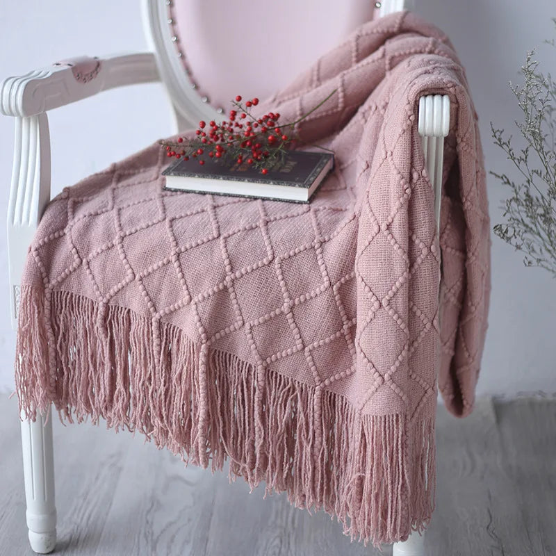 plaid motif losange franges couleurs rose beige vert gris chambre décoration hiver cozy champêtre