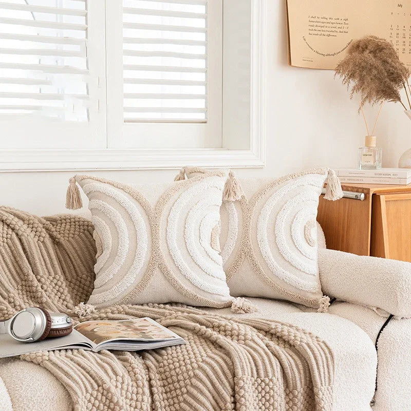 housse coussin beige motif géométrique brodé crocheté moderne amovible lavable boho chic