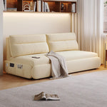 canapé lit moderne tissu uni beige clair rangement électrique pliant bois latex