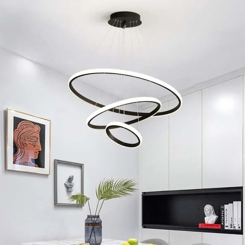 lustre moderne minimaliste suspension câbles noir or blanc concentrique led chambre salon