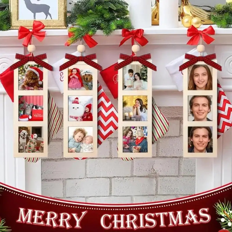 cadres photo mural classique texture bois naturel beige clair rubans noirs rouges boules bois