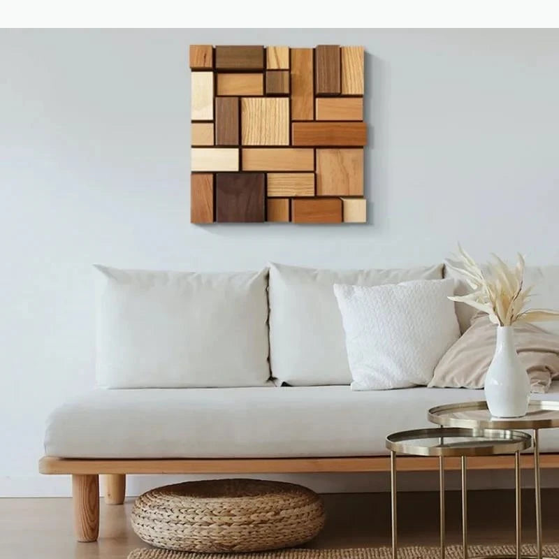 décoration murale bois assemblage moderne tableaux rectangulaires couleurs variéesintérieur minimaliste