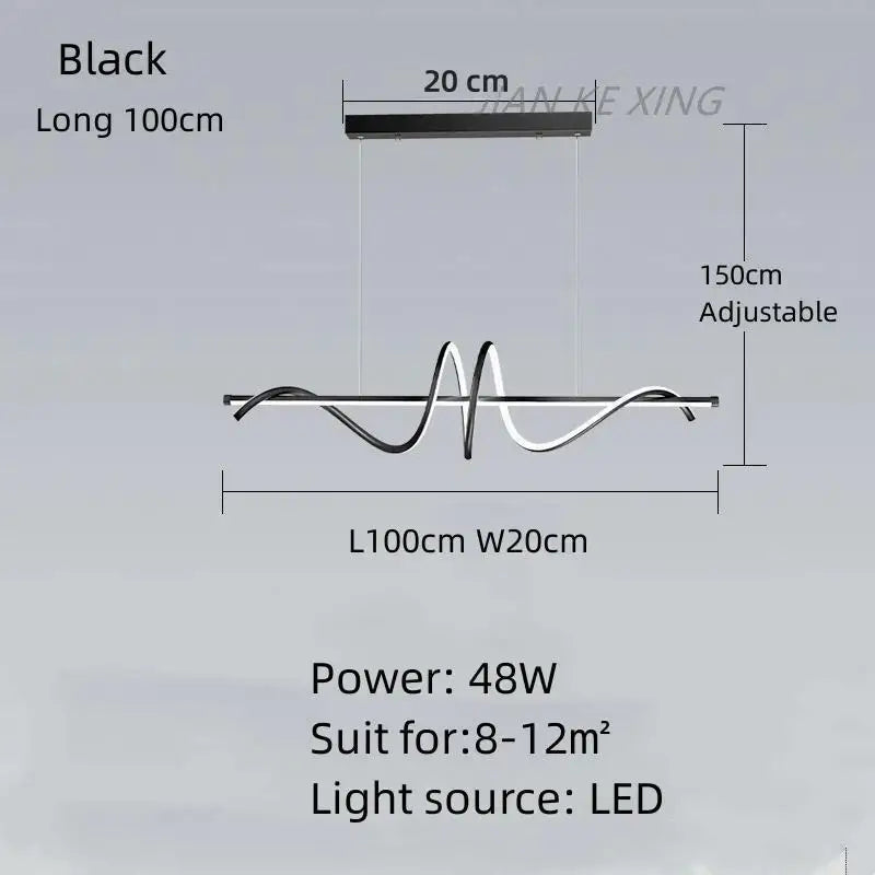 lampe suspendue moderne ondulé noir doré 100cm 120cm led 48w 68w