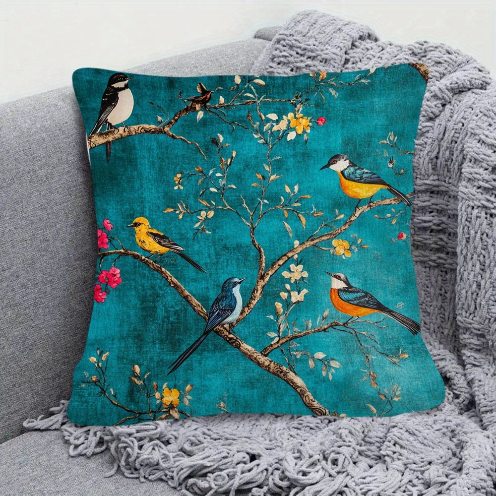 taies d'oreiller décoratives imprimées floral motifs fleurs oiseaux polyester vert clair blanc zip 45x45cm